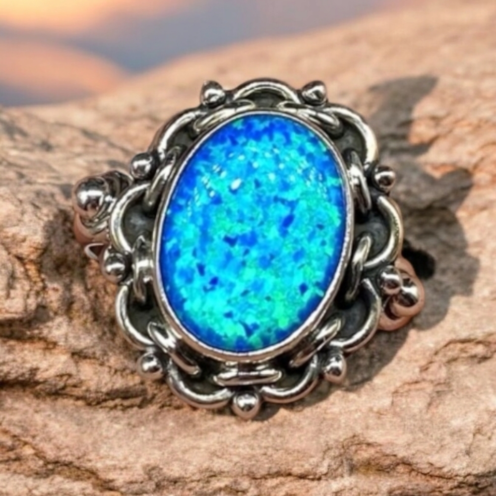 Ring Blue Fire Opal Size 8 Solid Sterling Silver … - image 1